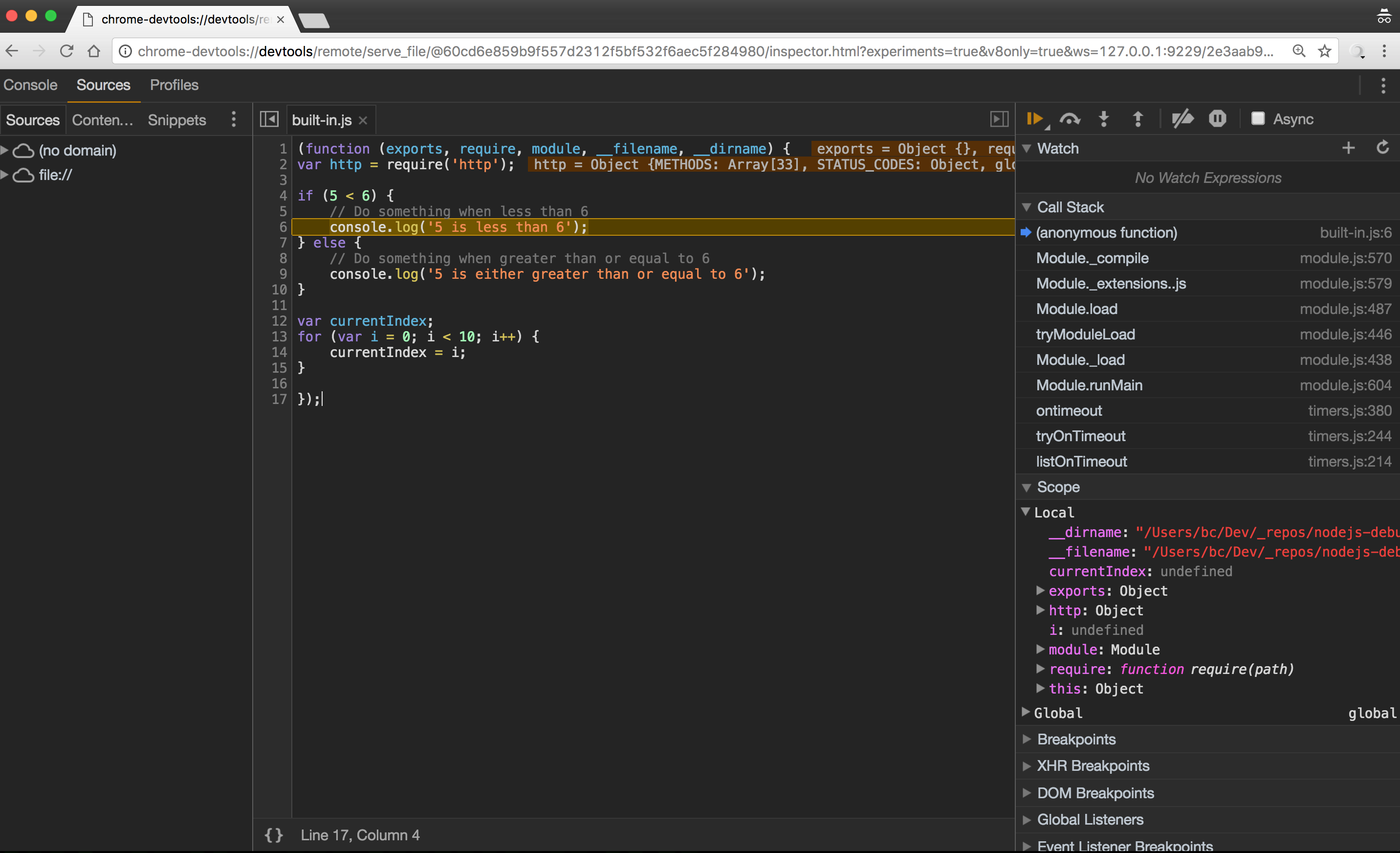 Node.js built-in inspector running in Chrome Dev Tools