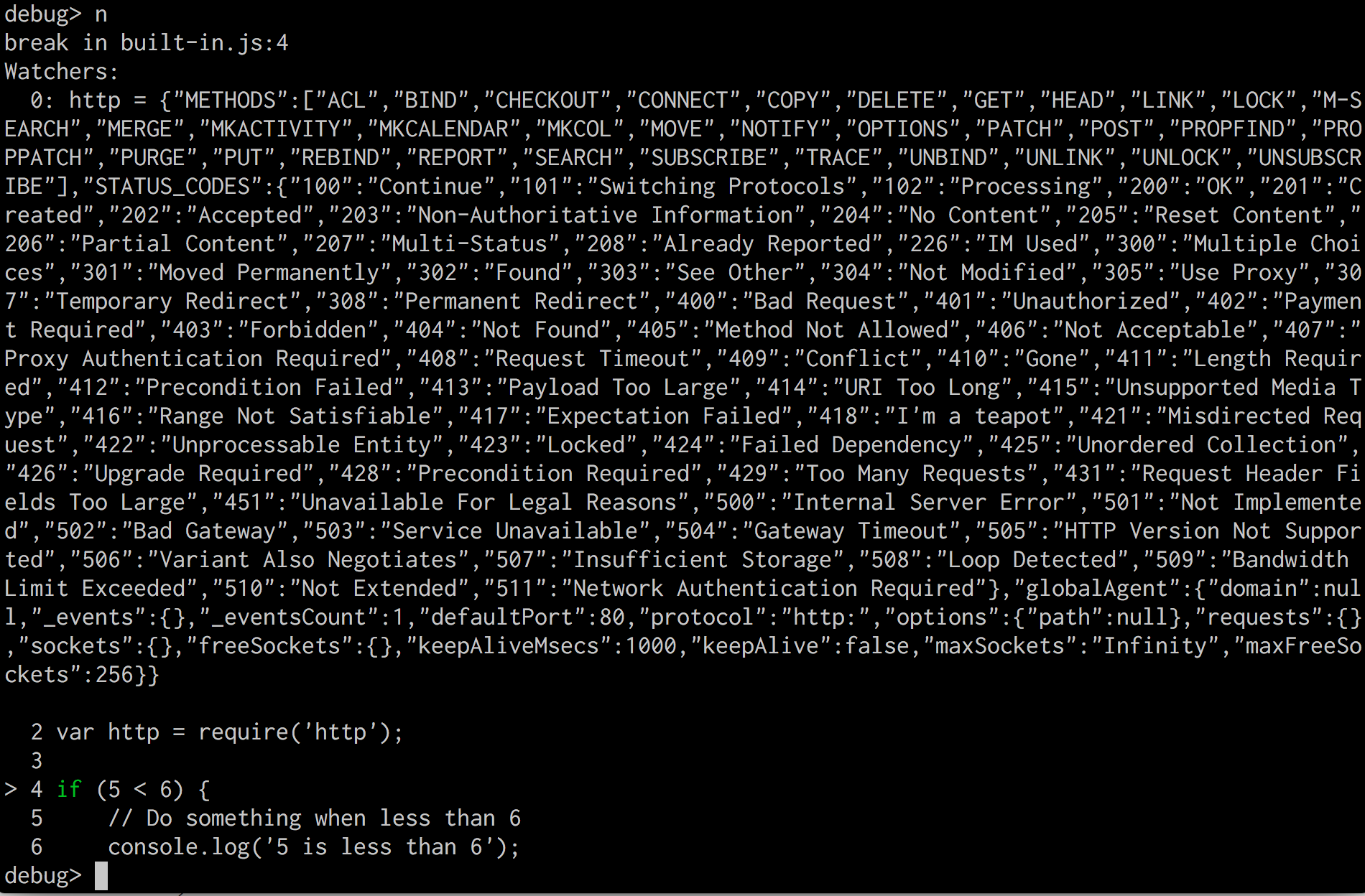 Terminal displaying the change in value of the http variable and the statement the debugger landed on after the next command was executed