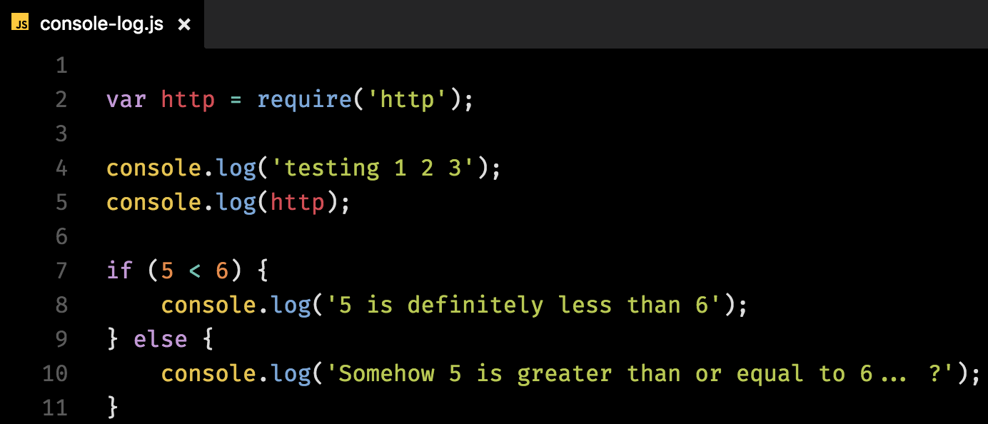 An example of using console.log to log a string message and to determine which branch of an if statement was executed