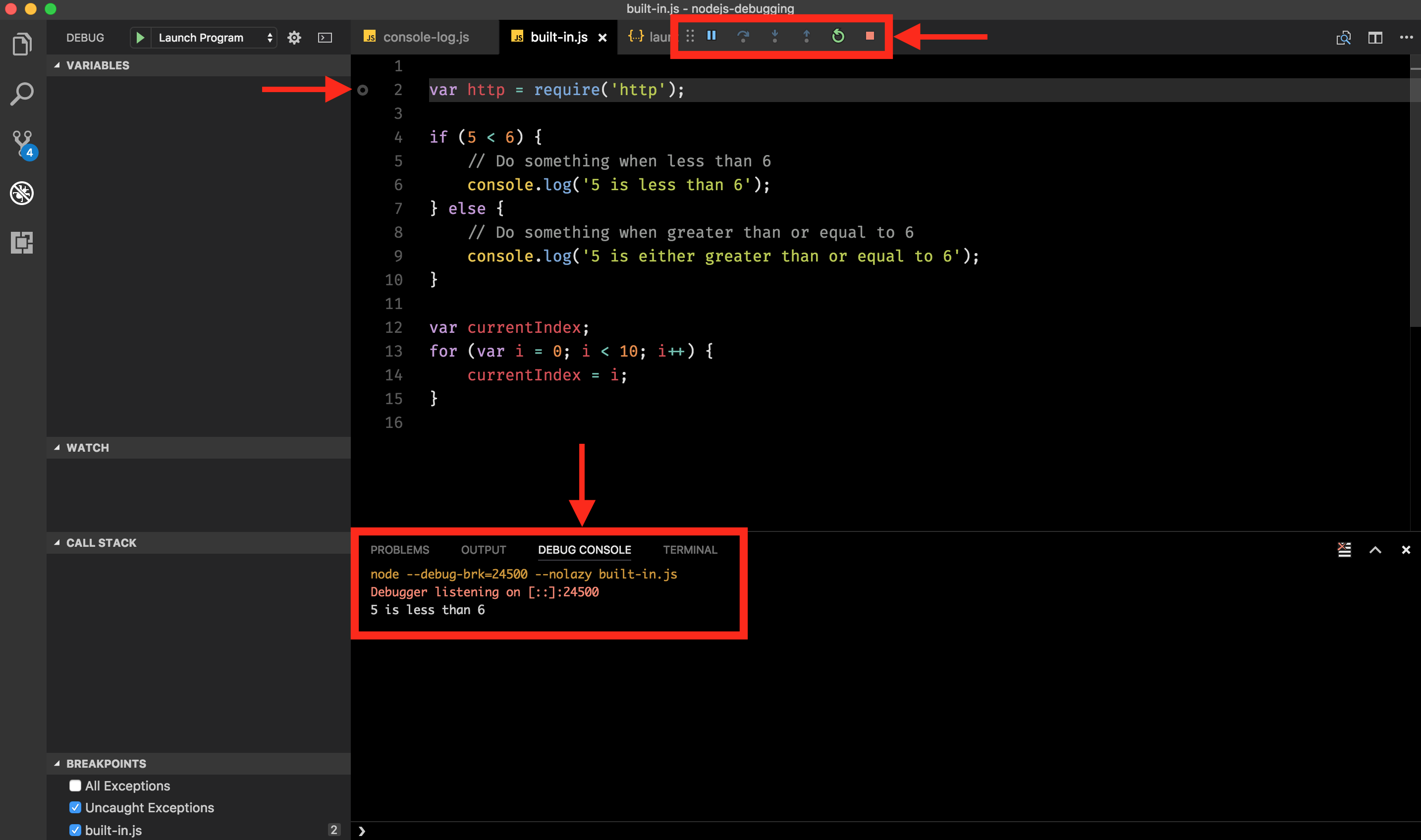 Visual Studio Code running the debugger and setting a breakpoint