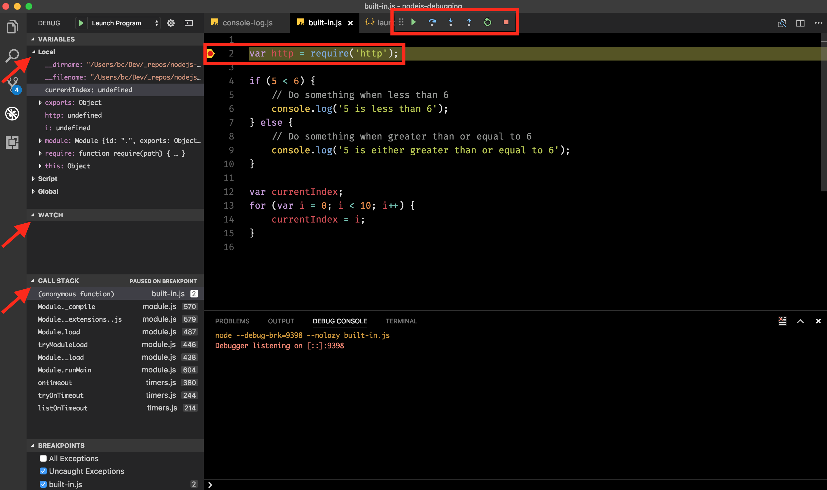 Visual Studio Code viewing the various debugging features available