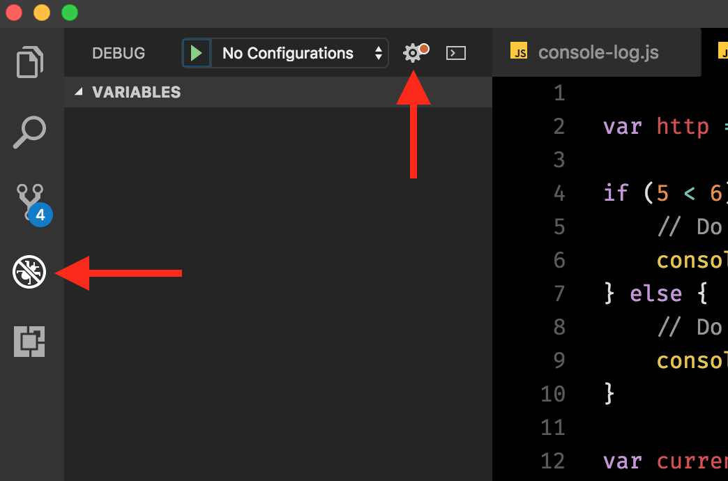 Visual Studio Code opening the debug view and generating the initial configuration file