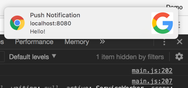 The result of push a message via the REST client and a pop notification message showing the expected text