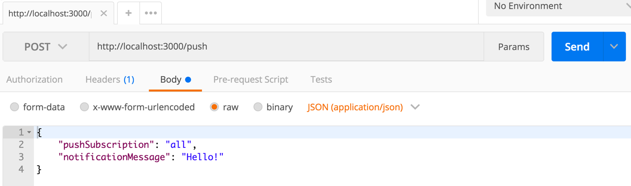 The POST request to push a message using the Postman REST client