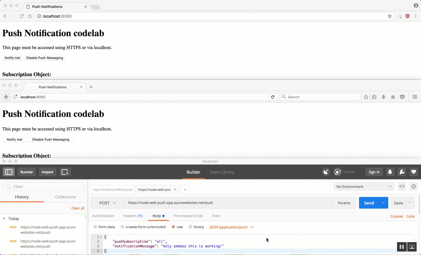 a progressive web app with web push API sending notifications to clients