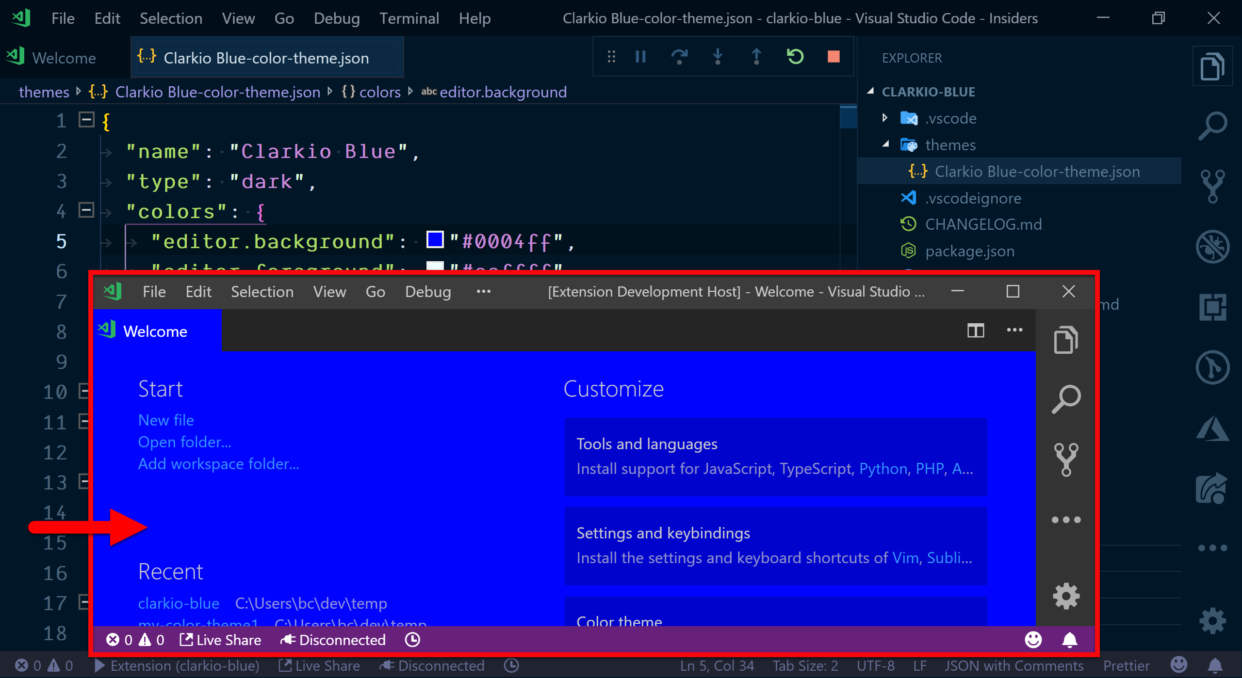 Editing the background color for the color theme in VS