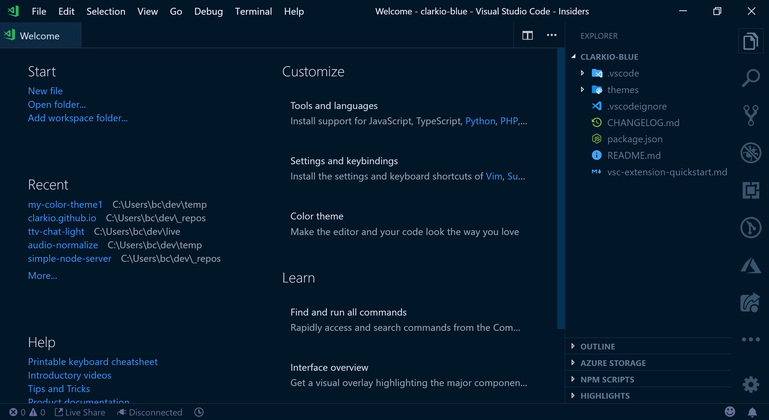 VS Code with the current color theme extension folder open
