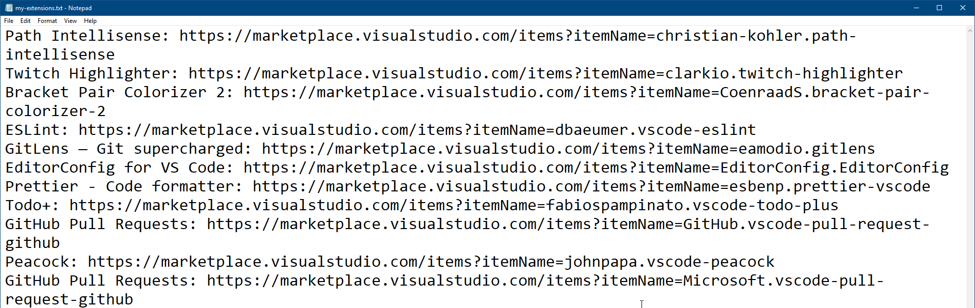 The resulting file contents from the VS Code Extension Lister extension