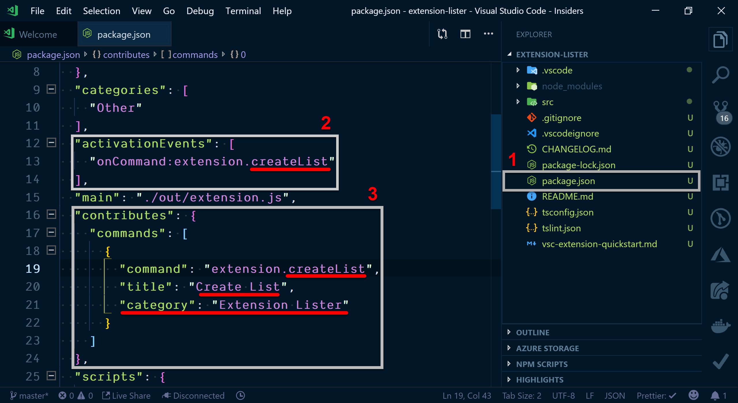 Modifying the package.json file for our new extension